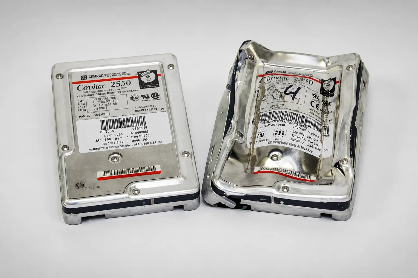 Disco rígido antes e depois da destruição física pela Lëtzclean Data
