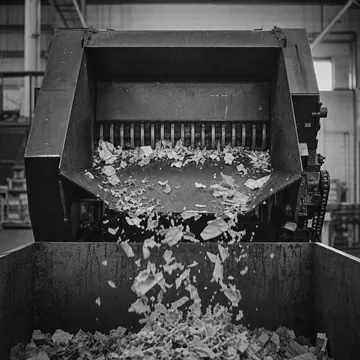 Papel a ser triturado num triturador industrial numa instalação externa