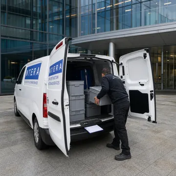 Técnico da Lëtzclean Data com contentores seguros junto à carrinha de destruição móvel, à porta de um cliente