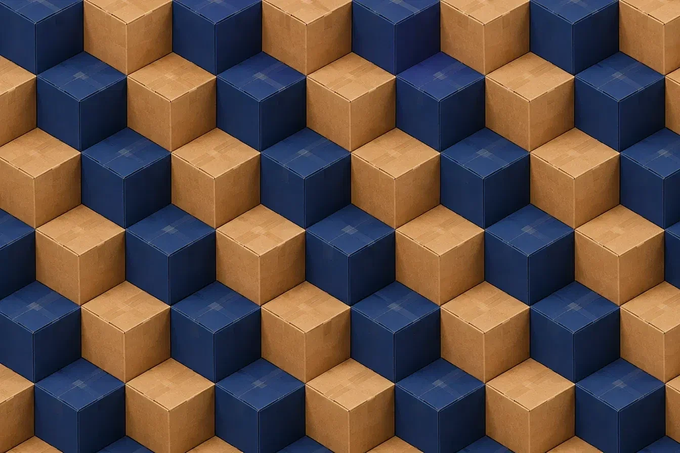 Padrão de caixas de armazenamento azul-marinho e kraft, para o armazenamento porta a porta Storagelux no Luxemburgo